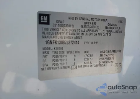 2007 Chevrolet Tahoe Lt z USA, uszkodzony, nr VIN 1GNFK13087J372414